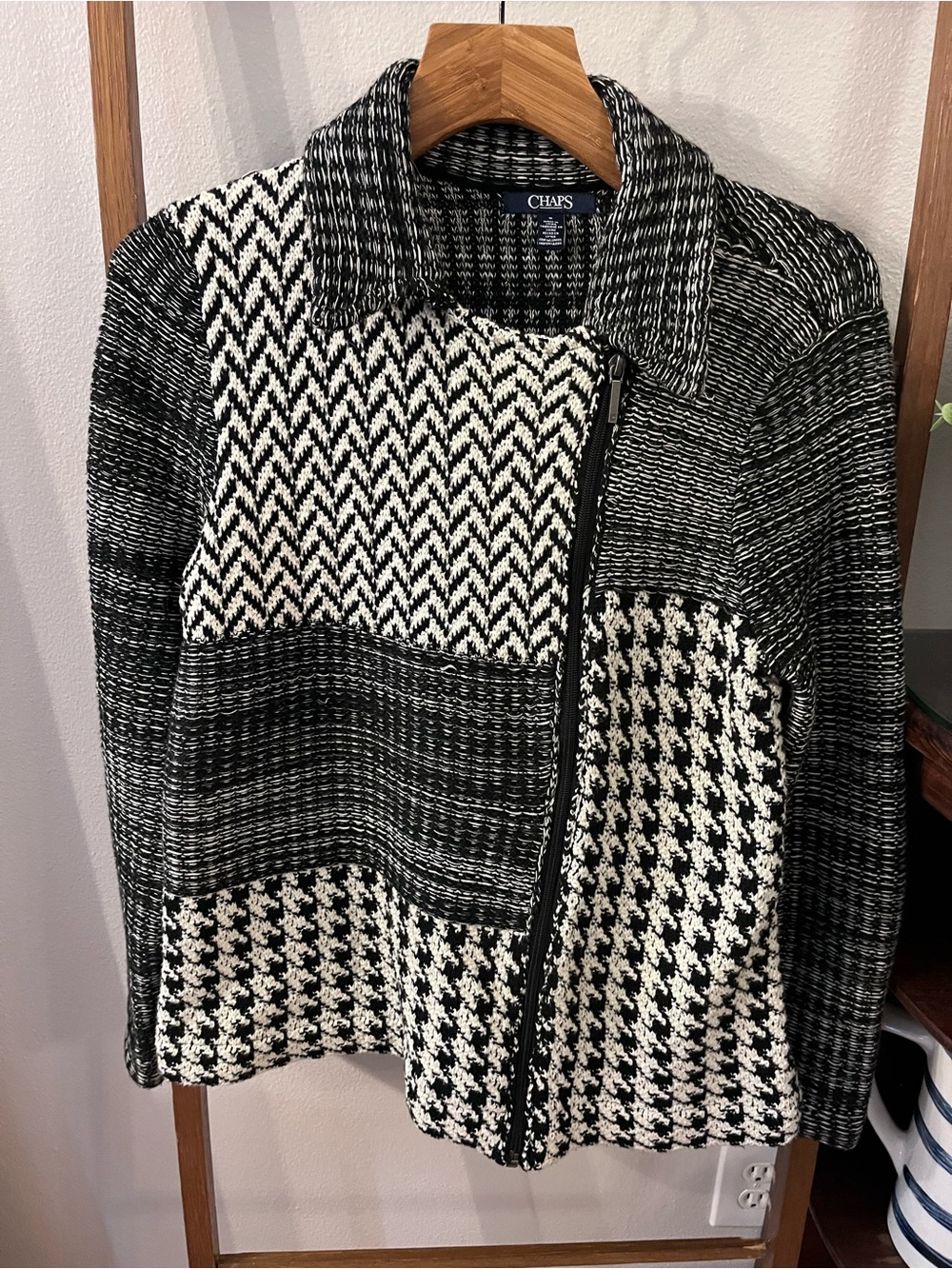 Chaps Black & White Knit Zip-Front Jacket